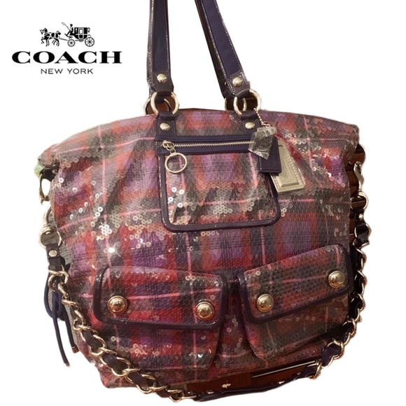 NWOT Coach Purple Multi sequin Tartan Spotlight LARGE Crossbody handle tote bag
